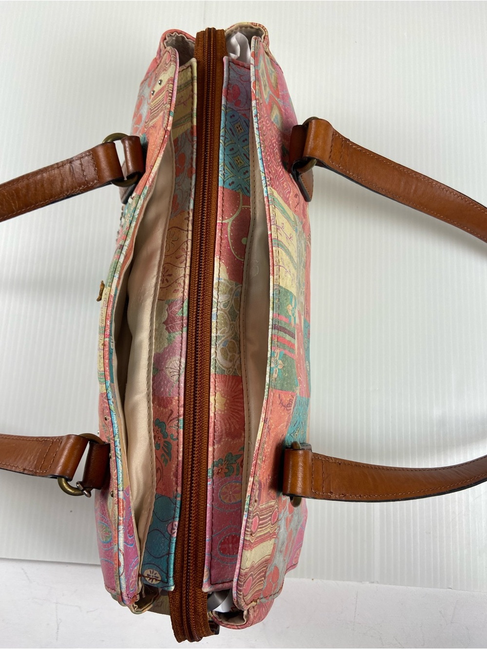 Fossil Genuine Leather Patchwork Print Shoulder Bag Boho Y2K Purse - Picture 5 of 10